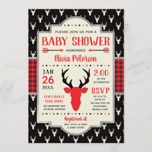 Woodland Baby Shower Invitation, Buffalo Plaid Invitation