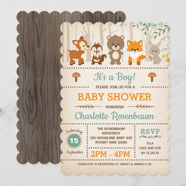 Woodland Baby Shower Invitation Forest Animals (Front/Back)