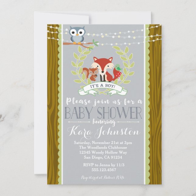 Woodland Baby Shower invitation Fox Owl Invite (Front)