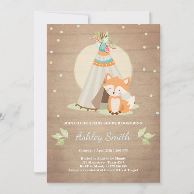 Woodland baby shower invitation Fox Teepee pow wow (Front)