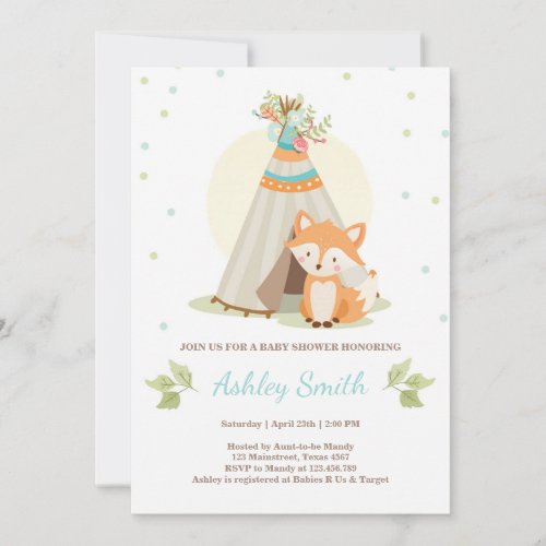 Woodland baby shower invitation Fox Teepee pow wow