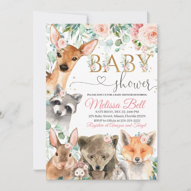 Woodland Baby Shower Invitation Girl, Bear Fox   (Front)