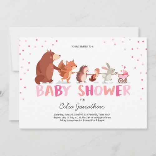Woodland Baby Shower invitation Girl pink Animals