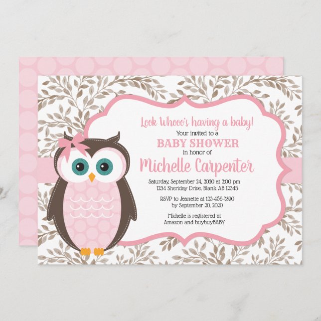 woodland baby shower invitation girl pink brown (Front/Back)
