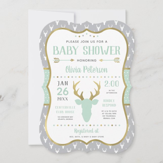 Woodland Baby Shower Invitation, Mint, Gray, Gold Invitation (Front)