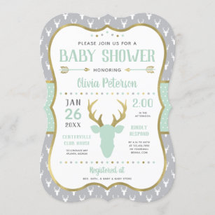 Woodland Baby Shower Invitation, Mint, Gray, Gold Invitation