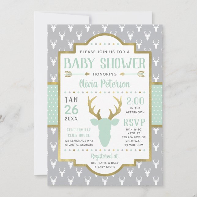 Woodland Baby Shower Invitation, Mint, Gray Invitation (Front)