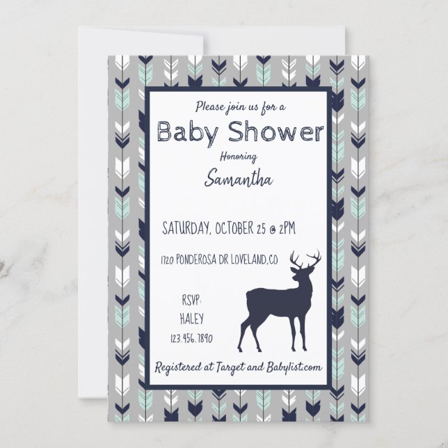 Woodland Baby Shower Invitation- Mint/navy/grey Invitation (Front)