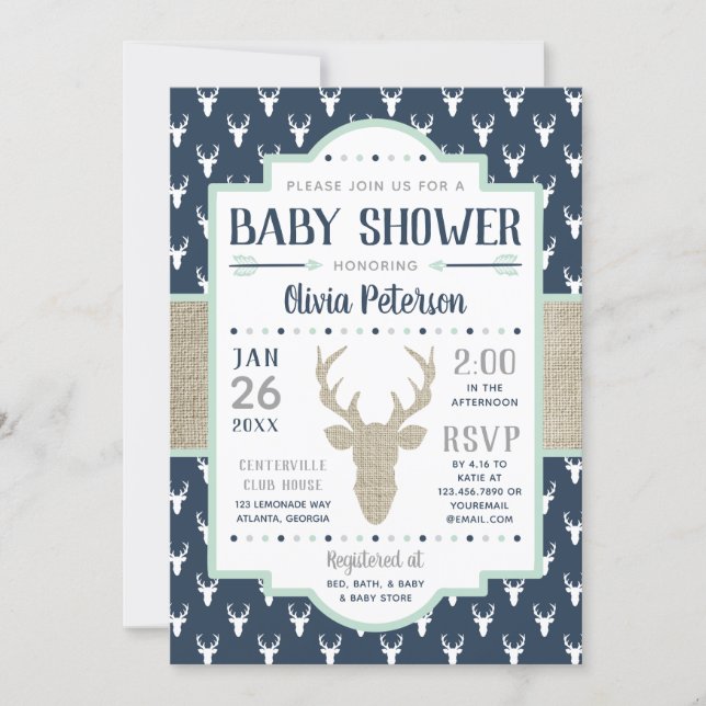 Woodland Baby Shower Invitation, Navy, Burlap Invitation (Front)