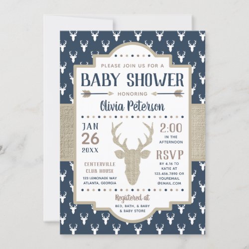 Woodland Baby Shower Invitation Navy Burlap Invitation
