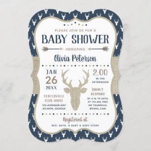 Woodland Baby Shower Invitation, Navy, Burlap Invitation