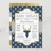 Woodland Baby Shower Invitation, Navy, Gray, Gold Invitation (Front/Back)