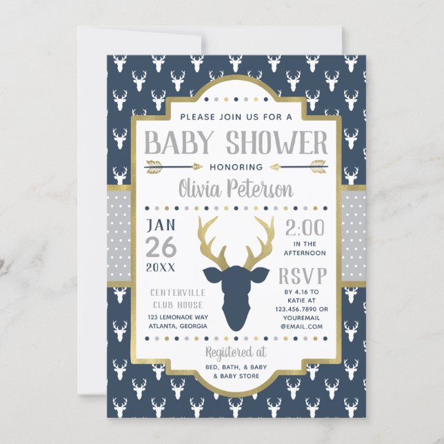 Woodland Baby Shower Invitation, Navy, Gray, Gold Invitation (Front)