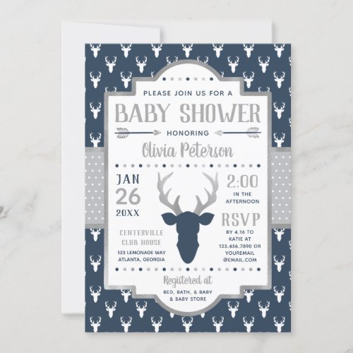 Woodland Baby Shower Invitation Navy Gray Invitation