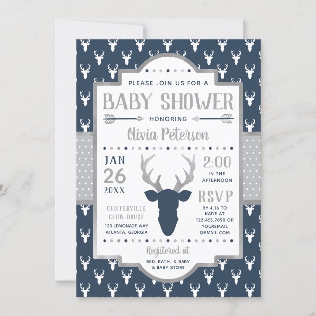 Woodland Baby Shower Invitation, Navy, Gray Invitation (Front)