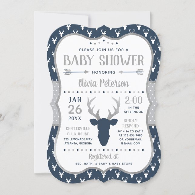 Woodland Baby Shower Invitation, Navy, Gray Invitation (Front)