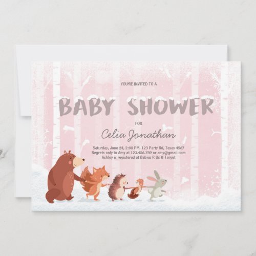 Woodland Baby Shower invitation Pink Winter Snow