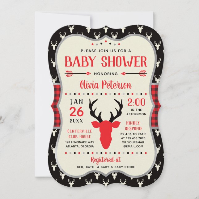 Woodland Baby Shower Invitation, Red, Black, Plaid Invitation (Front)