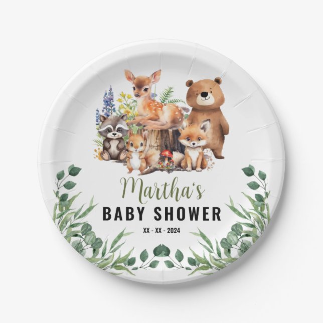 Woodland Baby Shower Invitation | Woodland animals Paper Plates (Front)