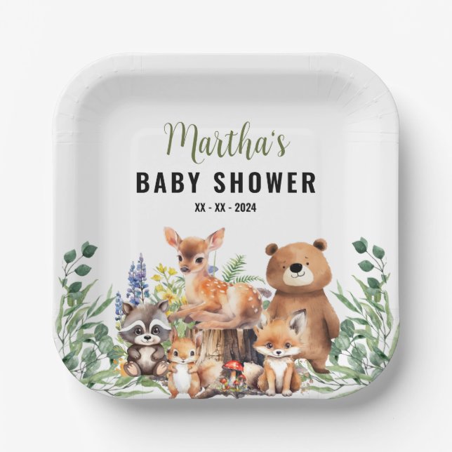 Woodland Baby Shower Invitation | Woodland animals Paper Plates (Front)
