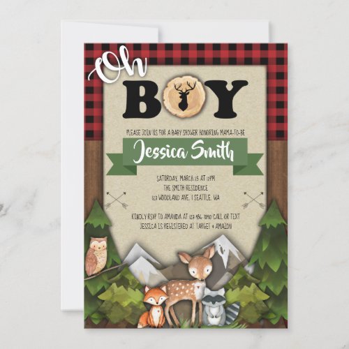 Woodland Baby Shower Invitations Boy Plaid