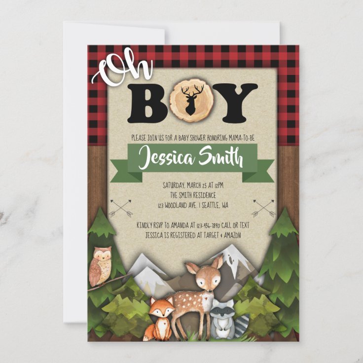 Woodland Baby Shower Invitations Boy Plaid Zazzle