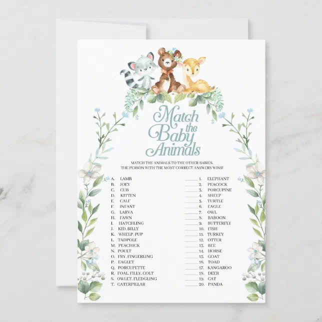 Woodland Baby Shower Match The Baby Animals Game Invitation | Zazzle