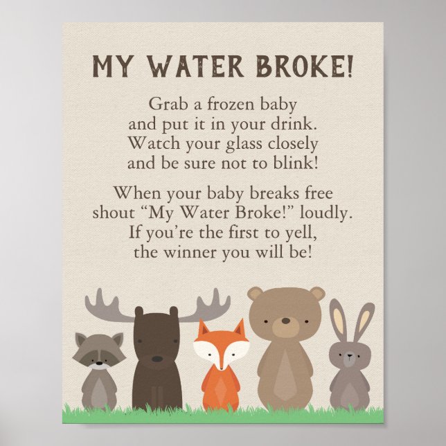 Woodland Baby Shower My Water Broke Game Sign (Front)