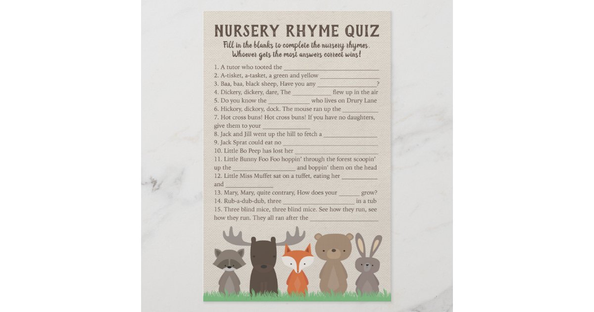 Woodland Baby Shower Nursery Rhyme Quiz Game Cards Zazzle Com