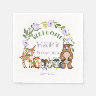 Woodland Baby Shower Paper Party Napkins Purple