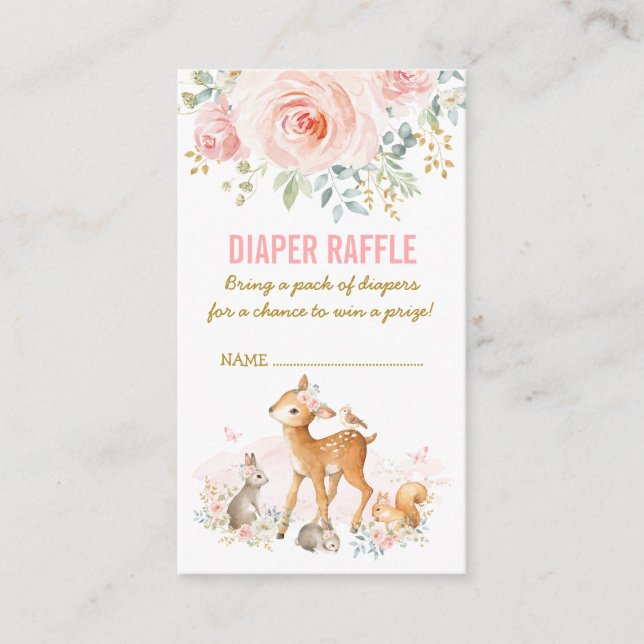 Woodland Baby Shower Pink Floral Diaper Raffle Enclosure Card (Front)