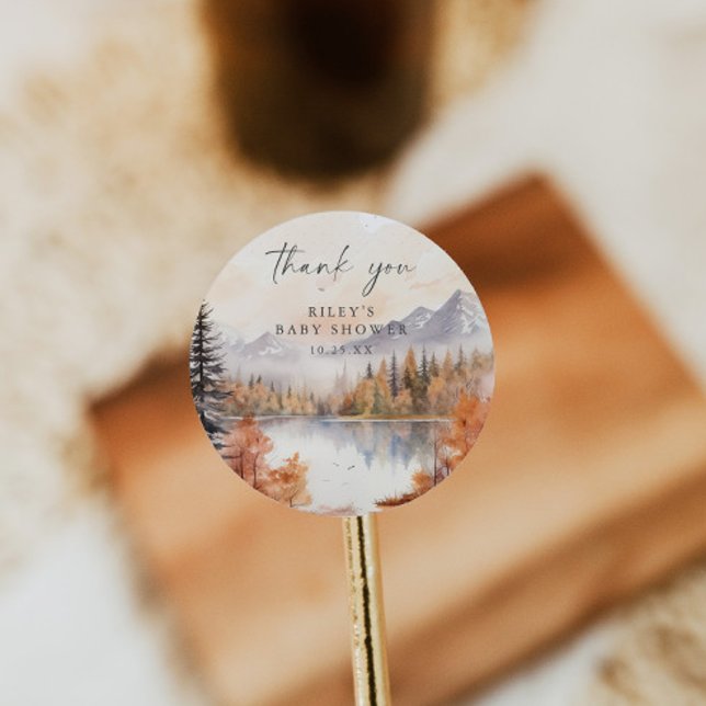 Woodland Baby Shower Round Sticker Mountains Boy (Creator Uploaded)