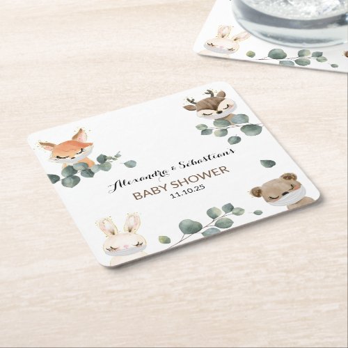 Woodland Baby Shower Square Paper Coaster