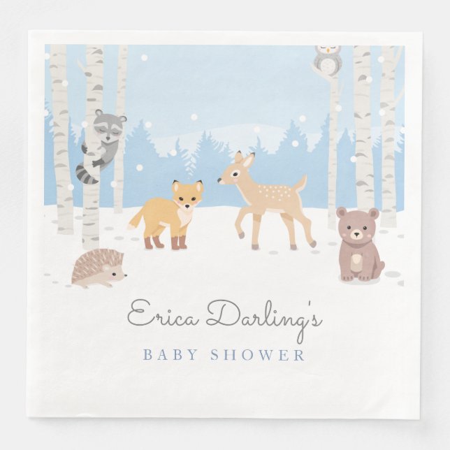 Woodland baby shower theme | winter forest paper dinner napkins (Front)