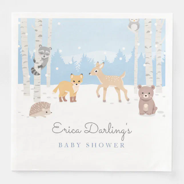 Woodland baby shower theme | winter forest paper dinner napkins | Zazzle