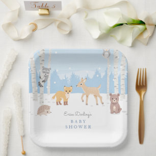 Woodland baby shower theme winter forest paper plates