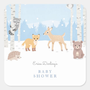 Woodland baby shower theme winter forest square sticker