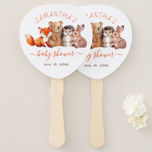 Woodland Baby Shower Watercolor Animals Red Script Hand Fan