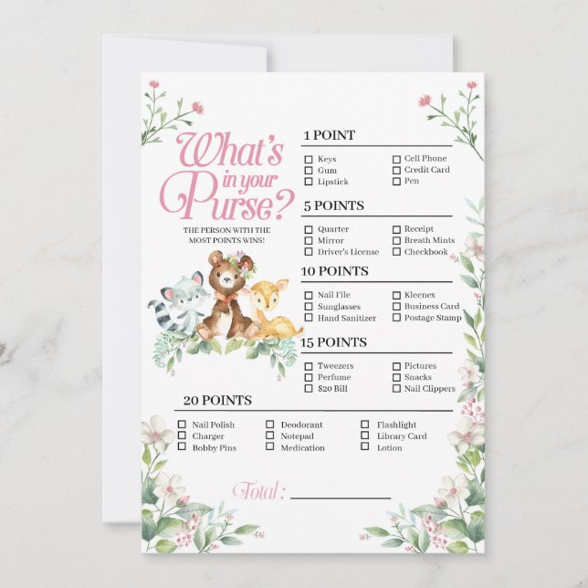 Woodland Baby Shower What's In Your Purse Game Invitation (Front)