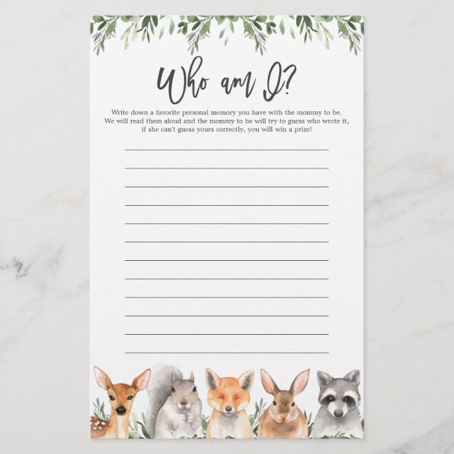 Woodland Baby Shower Who Am I Game (Front)