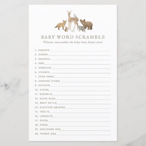 Woodland Baby Shower Word Scramble