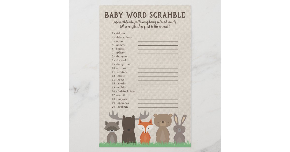 Woodland Baby Shower Word Scramble Game Cards Zazzle Com
