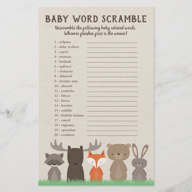 Woodland Baby Shower Word Scramble Game Cards Flyer (Front)