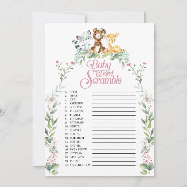 Woodland Baby Shower Word Scramble Game Invitation (Front)