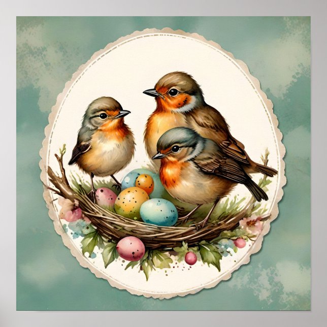 Woodland Baby Spring Robins. Spring. Easter. Poster (Front)