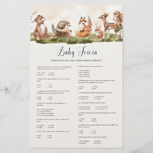 Woodland Baby Trivia Baby Shower Game (Front)