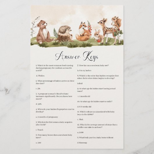 Woodland Baby Trivia Baby Shower Game (Back)