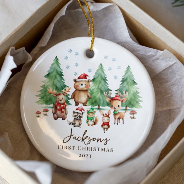  Woodland Baby's 1ST Christmas 2 Sided Photo Ceramic Ornament (Creator Uploaded)