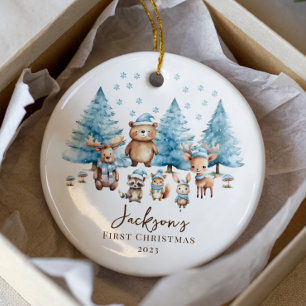 Woodland Baby's 1ST Christmas 2 Sided Photo Ceramic Ornament