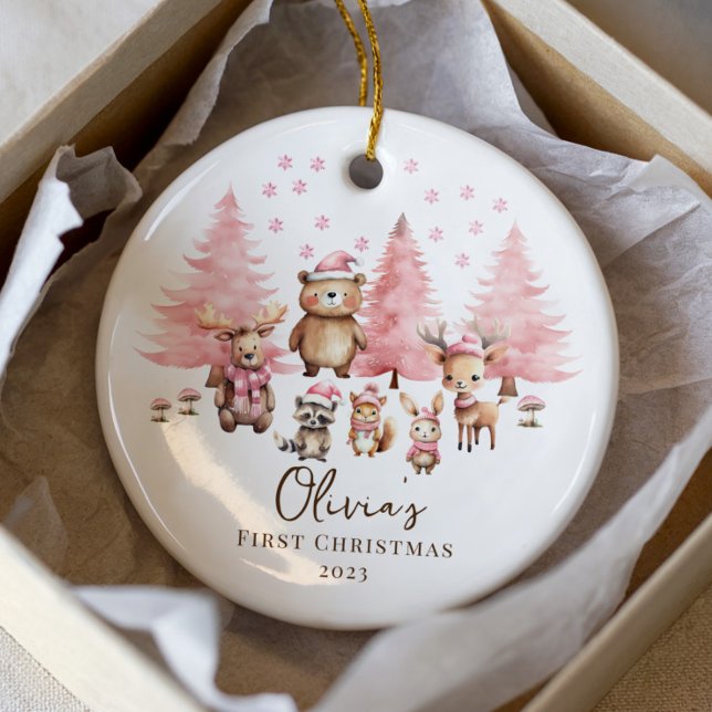  Woodland Baby's 1ST Christmas 2 Sided Photo Ceramic Ornament (Creator Uploaded)